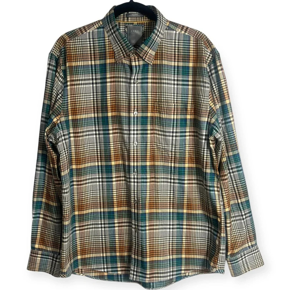 ENRO multicolor blue green gold black white rust yellow plaid button down shirt